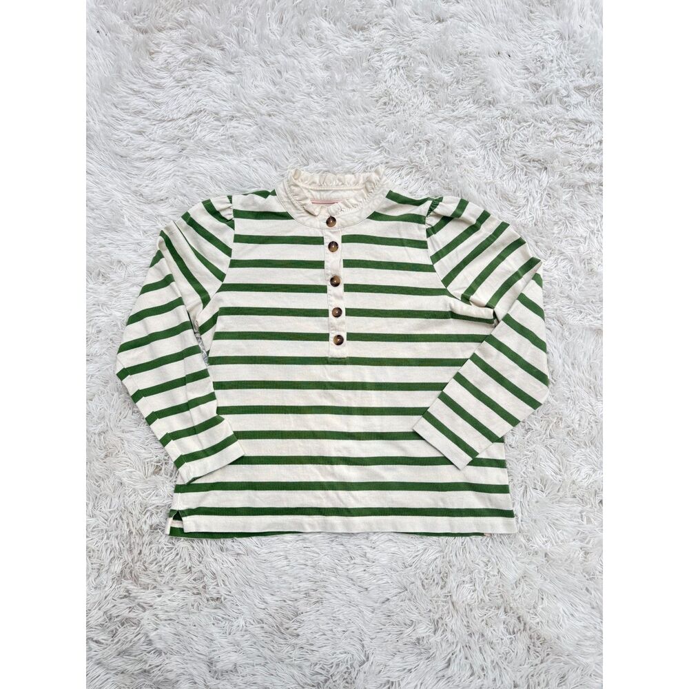 Boden Ruffle Collar Mariner Top Green Ivory Striped Henley US 12 UK 16